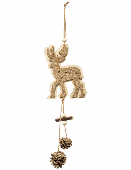Décoration à suspendre renne doré en bois et pommes de pin 35 cm 1