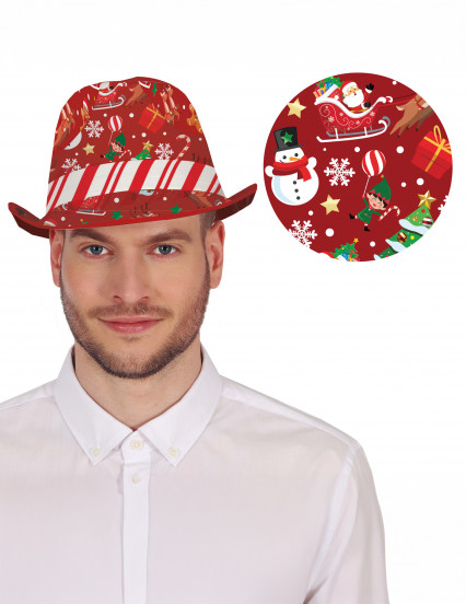 Borsalino rouge à motifs de Noël adulte 1