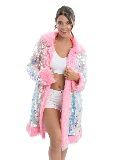Manteau réversible à paillettes et fausse fourrure rose adulte 1