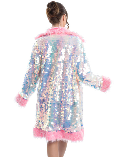Manteau réversible à paillettes et fausse fourrure rose adulte 2