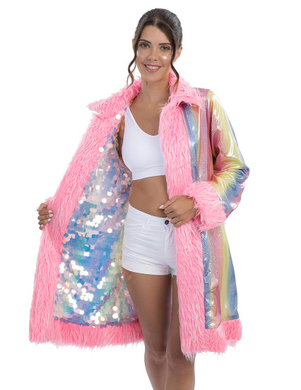 Manteau réversible à paillettes et fausse fourrure rose adulte 4