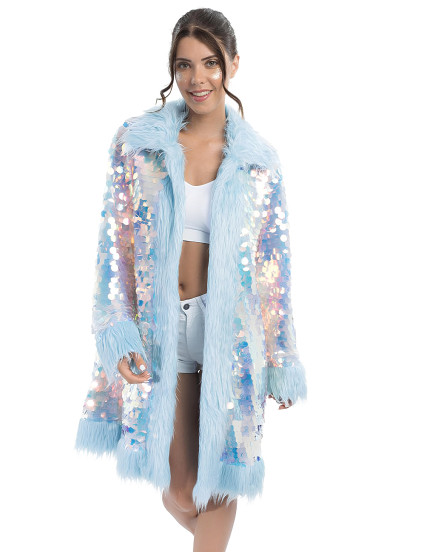 Manteau réversible à paillettes et fausse fourrure bleue adulte 1