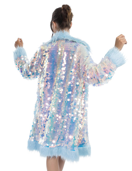 Manteau réversible à paillettes et fausse fourrure bleue adulte 2