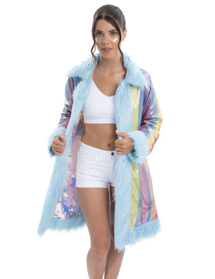 Manteau réversible à paillettes et fausse fourrure bleue adulte 4