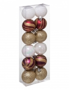 12 mini boules de Noël rouges blanches et dorées 4 cm brillantes et pailletées